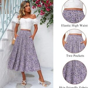 Purple Floral A-line Pleated Midi Skirt